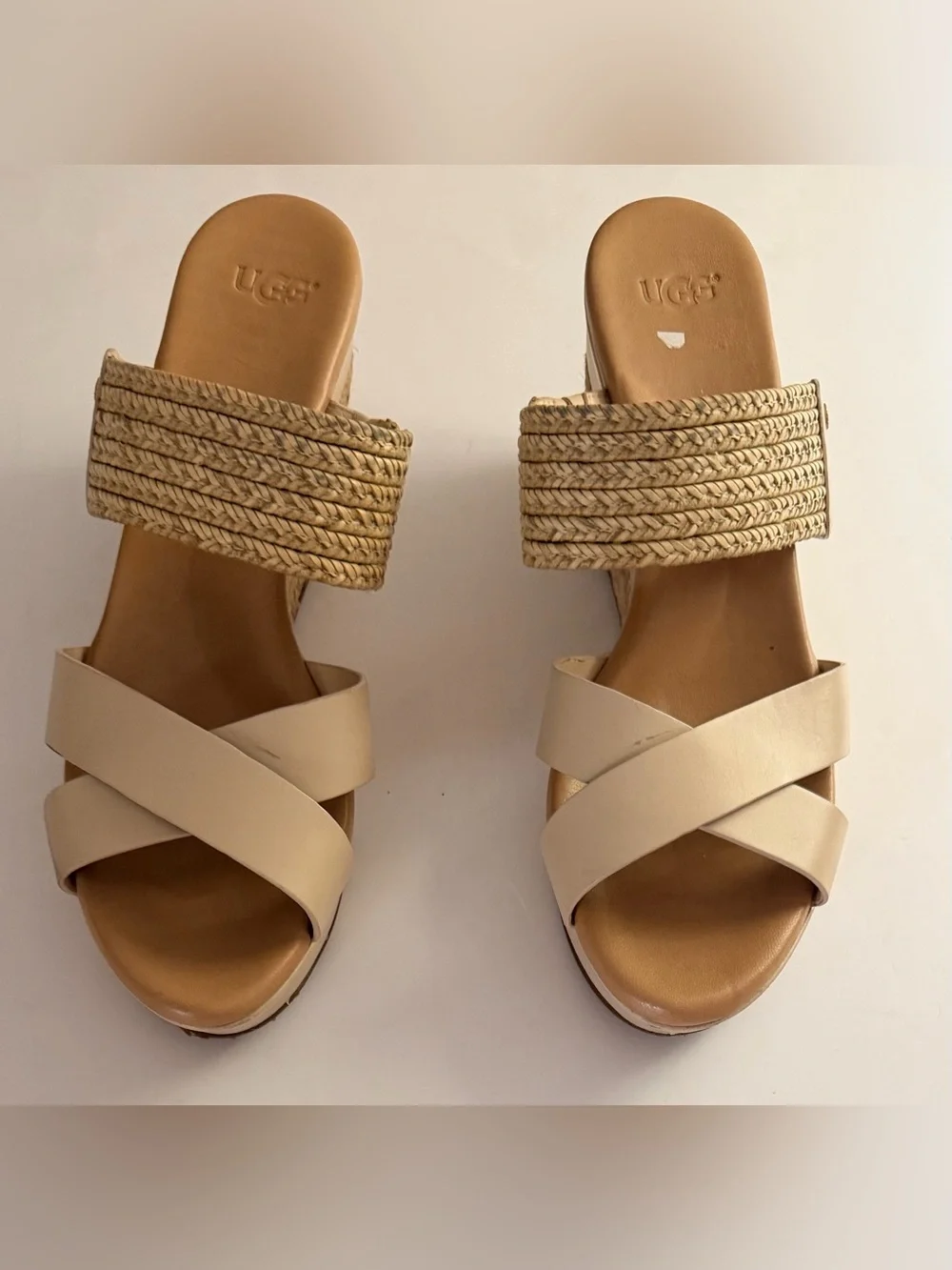 UGG Adriana Leather Jute Wedge Platform Sandals - Horchata Beige - Size 9